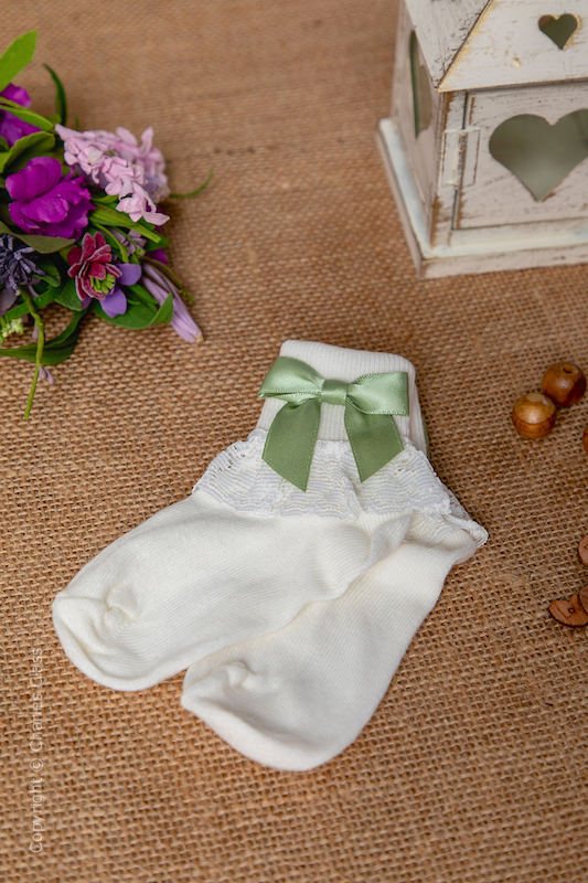 Girls Ivory Lace Flower Girl Socks with Sage Green Bows