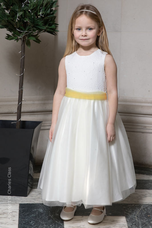 Girls Ivory Embroidered Dress with Yellow Organza Sash - Olivia