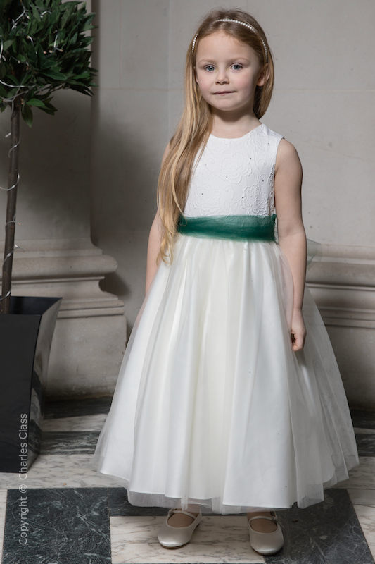 Girls Ivory Embroidered Dress with Hunter Organza Sash - Olivia