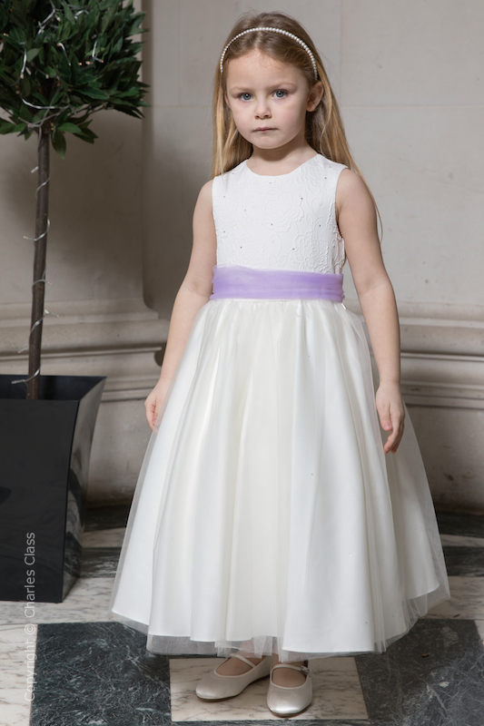 Girls Ivory Embroidered Dress with Lilac Organza Sash - Olivia
