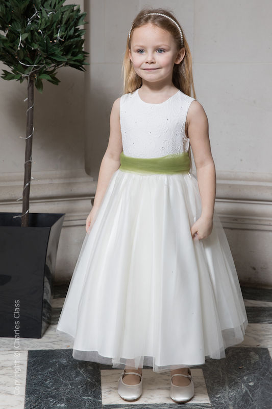 Girls Ivory Embroidered Dress with Olive Organza Sash - Olivia