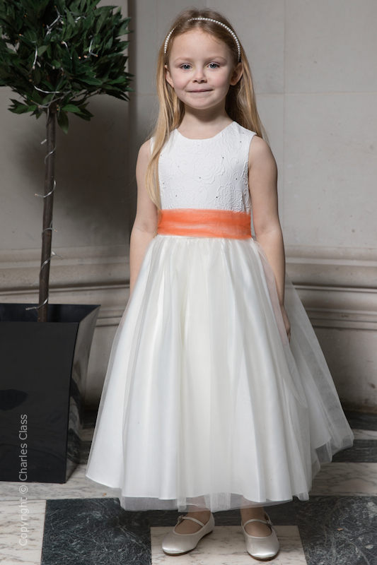 Girls Ivory Embroidered Dress with Orange Organza Sash - Olivia