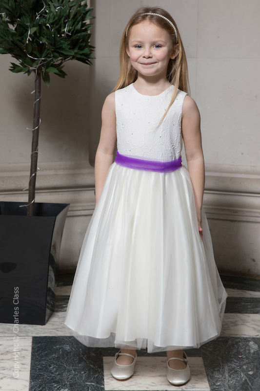 Girls Ivory Embroidered Dress with Purple Organza Sash - Olivia