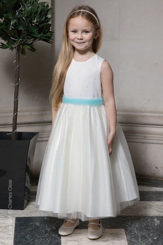 Girls Ivory Embroidered Dress with Sky Blue Organza Sash - Olivia
