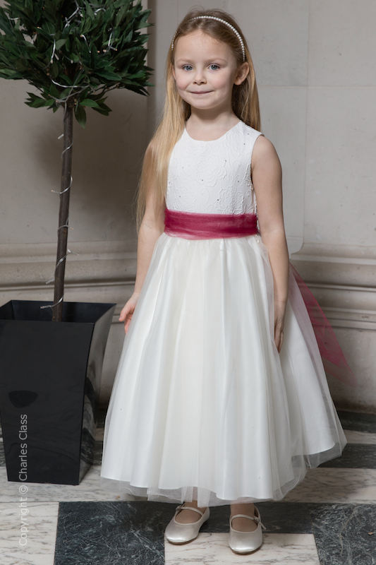Girls Ivory Embroidered Dress with Wine Organza Sash - Olivia