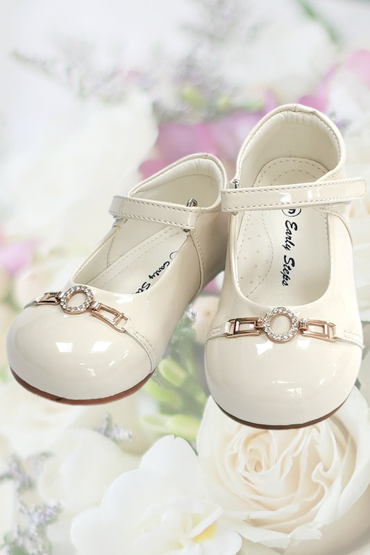 Girls Ivory Sparkle Diamond Buckle Patent Leather Shoes
