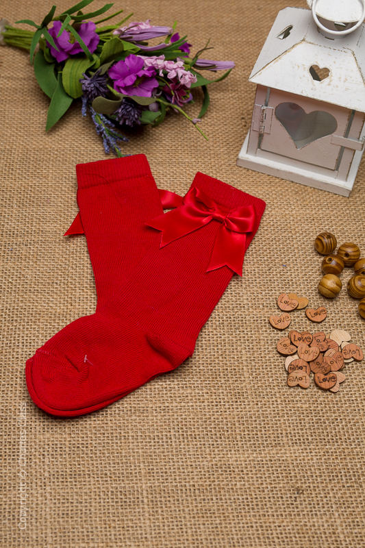 Girls Red Satin Bow Cotton Knee Length Socks