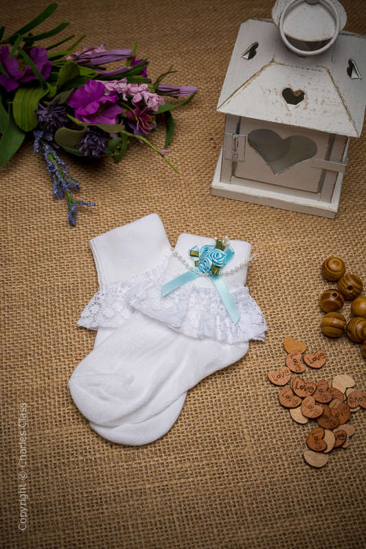Girls White Lace Ankle Socks with Baby Blue Flower Cluster