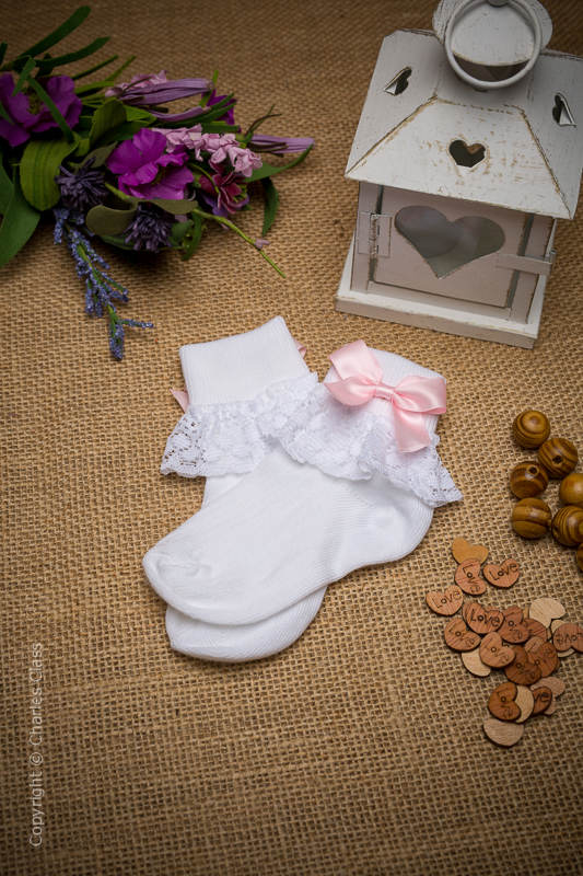 Girls White Lace Cotton Ankle Socks with Baby Pink Bows
