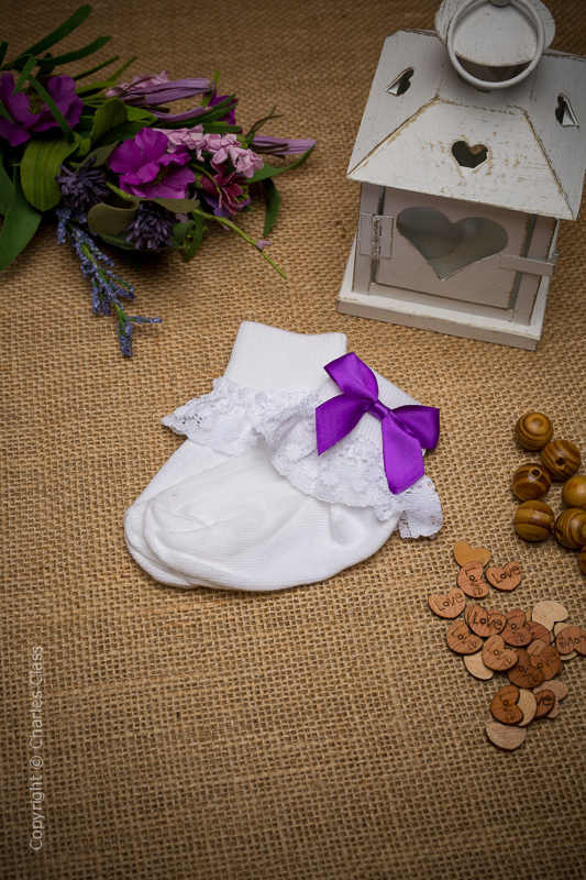 Girls White Lace Cotton Ankle Socks with Purple Bows