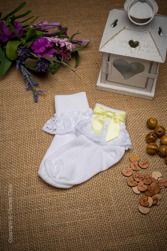 Girls White Lace Cotton Ankle Socks with Lemon Bows