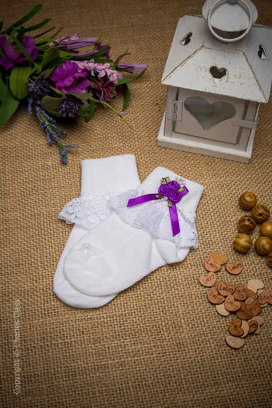 Girls White Lace Ankle Socks with Purple Flower Cluster