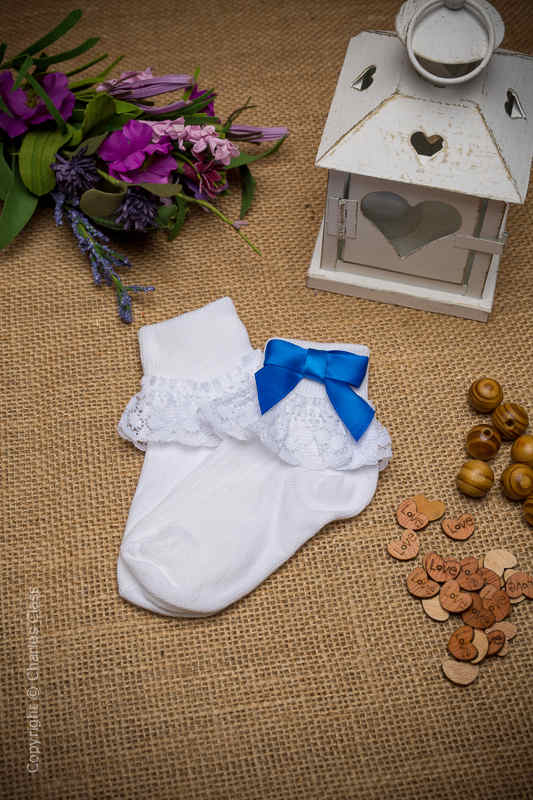 Girls White Lace Ankle Socks with Royal Blue Bows