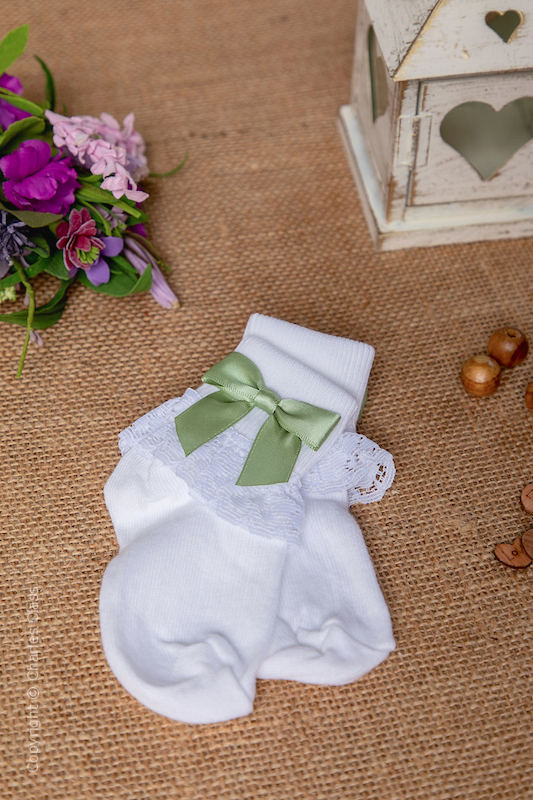 Girls White Lace Flower Girl Socks with Sage Green Bows