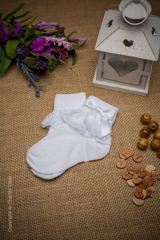 Girls White Lace Cotton Ankle Socks with Satin Bows