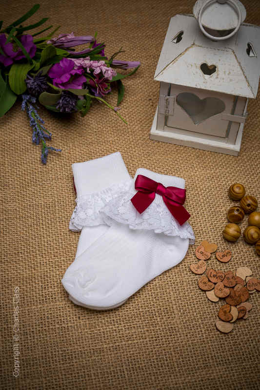 Girls White Lace Cotton Ankle Socks with Wine Bows
