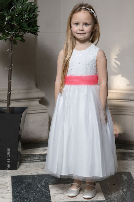 Girls White Embroidered Dress with Coral Organza Sash - Olivia