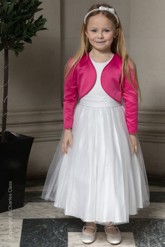 Girls White Diamante Dress & Hot Pink Bolero | Flower Girl Dress