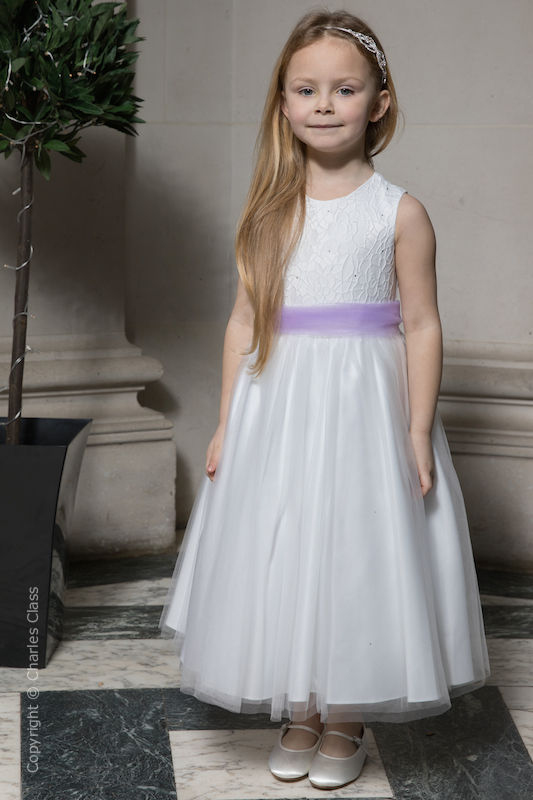 Girls White Embroidered Dress with Lilac Organza Sash - Olivia