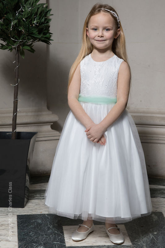 Girls White Embroidered Dress with Mint Organza Sash - Olivia