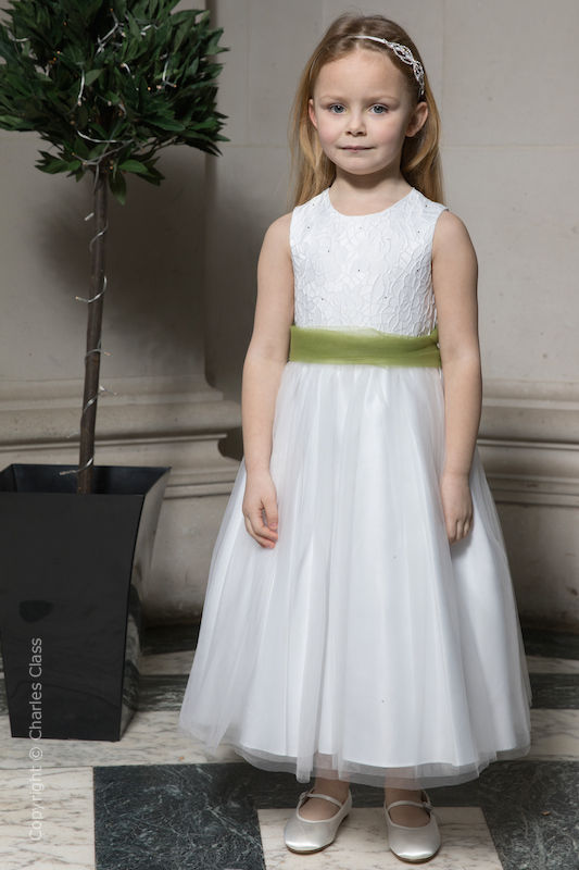 Girls White Embroidered Dress with Olive Organza Sash - Olivia