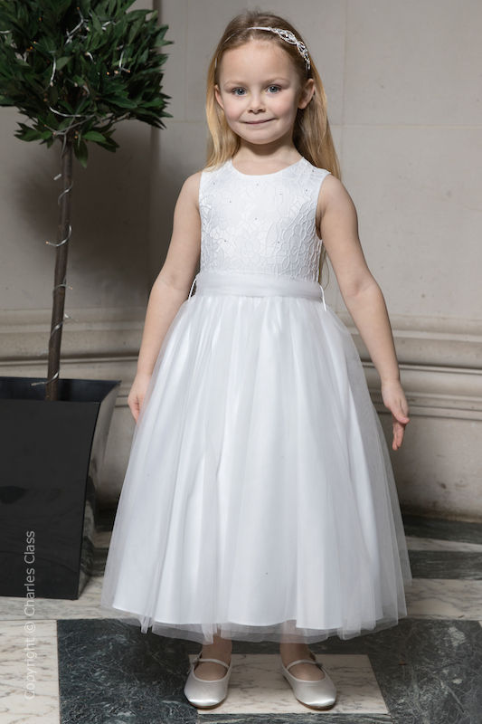 Girls White Embroidered Dress with Organza Sash - Olivia