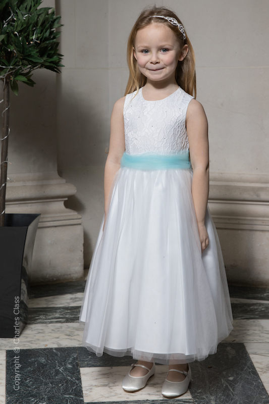 Girls White Embroidered Dress with Sky Blue Organza Sash - Olivia