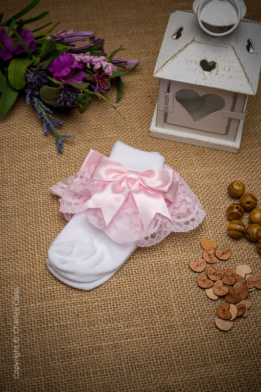 Girls White & Pink Large Bow Full Lace Ankle Socks