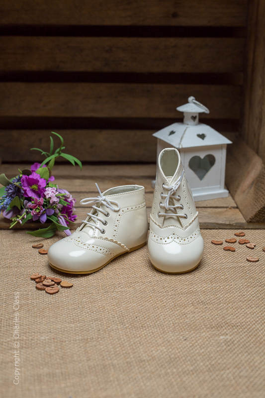 Ivory Brogue Patent Leather Lace Up Boots