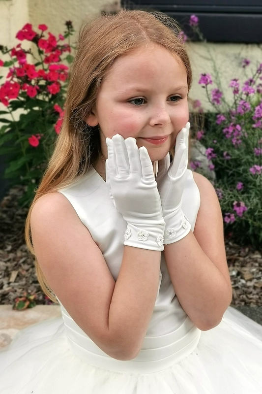 Girls Ivory Wrist Length Diamanté Flower Wedding Gloves