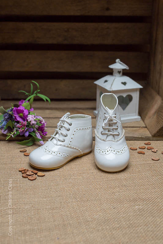 White Brogue Patent Leather Lace Up Boots