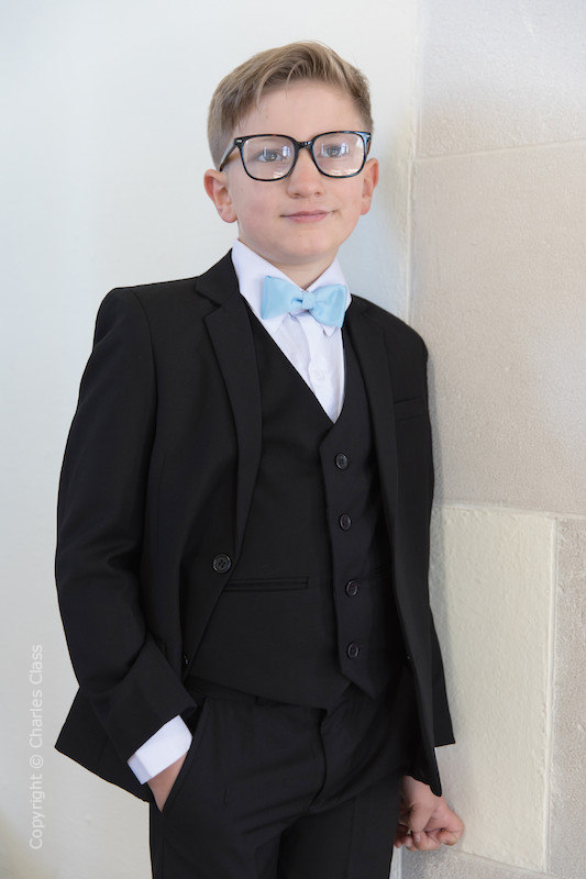 Boys Black Suit with Sky Blue Dickie Bow - Marcus