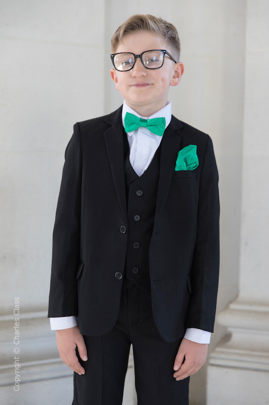 Boys Black Suit with Emerald Green Bow & Hankie - Marcus