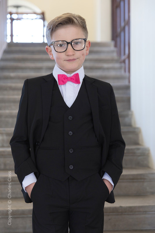 Boys Black Suit with Hot Pink Dickie Bow - Marcus