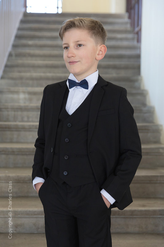 Boys Black Suit with Navy Dickie Bow - Marcus