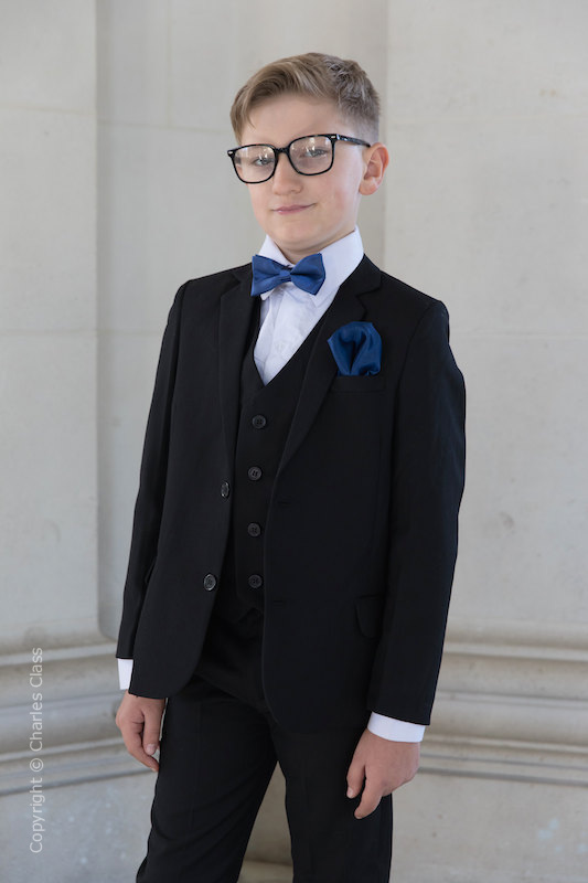 Boys Black Suit with Navy Bow & Hankie - Marcus
