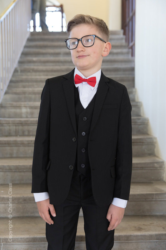 Boys Black Suit with Red Dickie Bow - Marcus