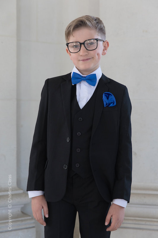 Boys Black Suit with Royal Blue Bow & Hankie - Marcus