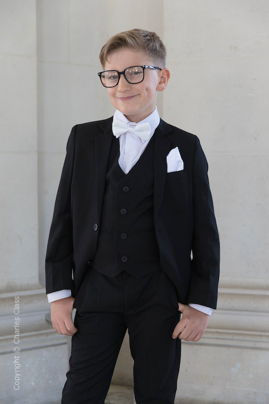 Boys Black Suit with White Bow & Hankie - Marcus