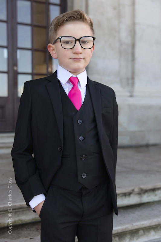 Boys Black Suit with Hot Pink Tie - Marcus