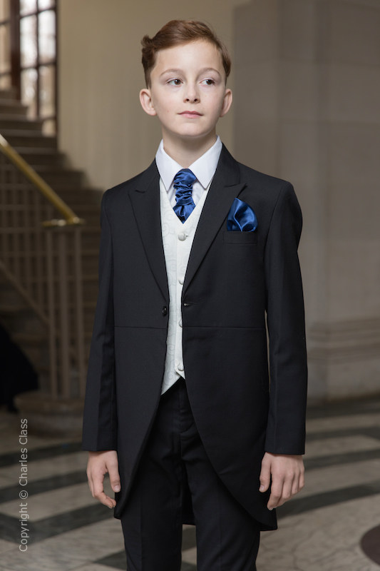 Boys Black & Ivory Tail Suit with Navy Cravat Set - Philip