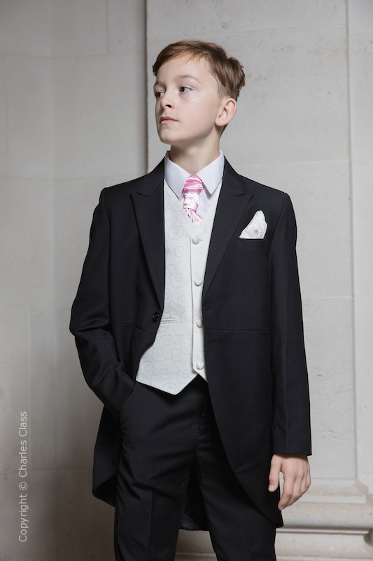 Boys Black & Ivory Tail Suit with Pink Cravat - Philip