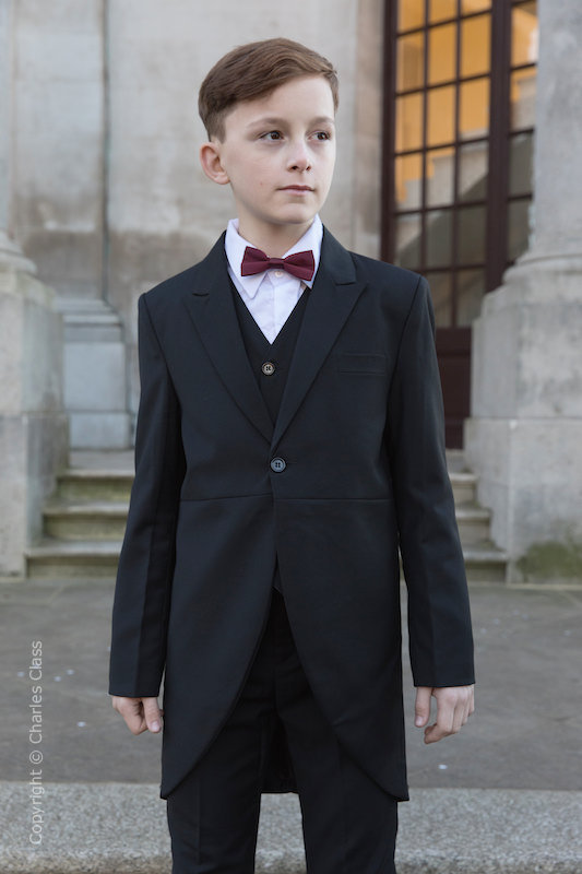 Boys Black Tail Coat Suit with Burgundy Bow Tie - Ralph