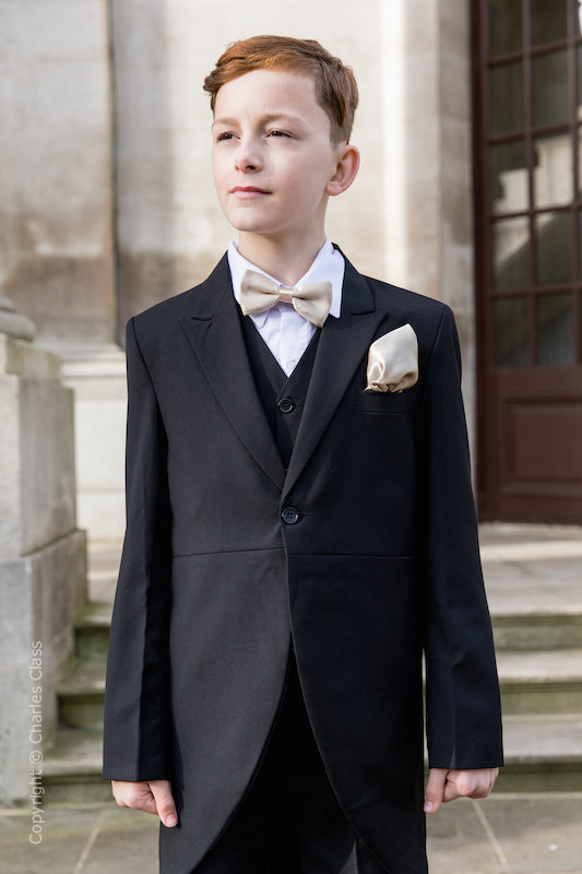 Boys Black Tail Coat Suit with Champagne Dickie Bow Set - Ralph