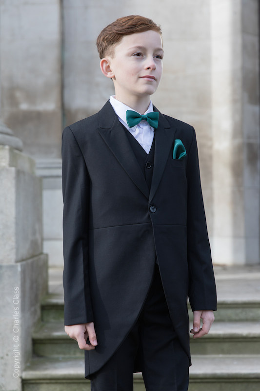 Boys Black Tail Coat Suit with Forest Green Dickie Bow Set - Ralph