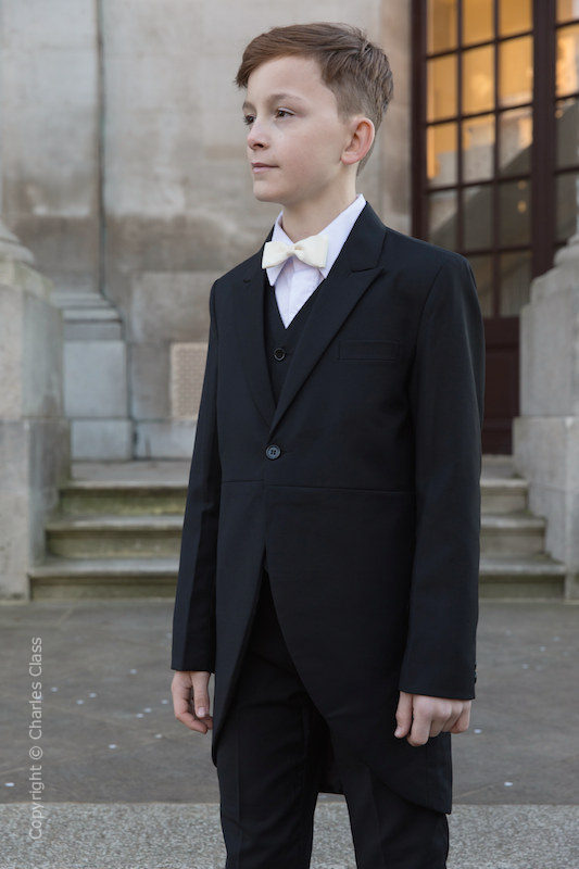 Boys Black Tail Coat Suit with Ivory Bow Tie - Ralph