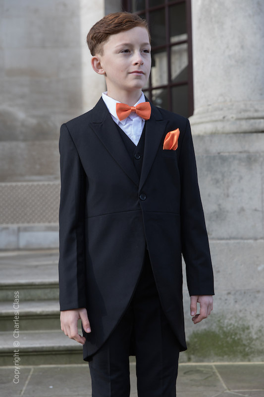 Boys Black Tail Coat Suit with Orange Dickie Bow Set - Ralph