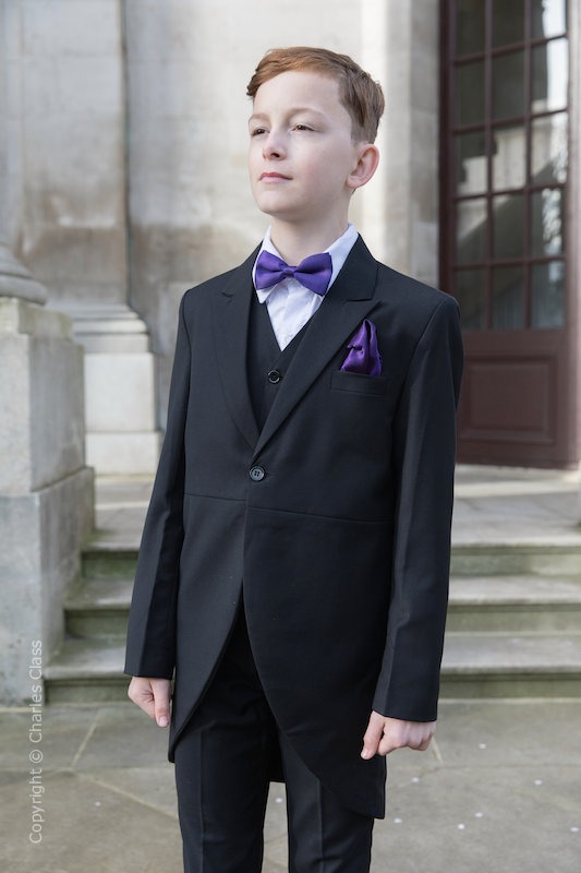 Boys Black Tail Coat Suit with Purple Dickie Bow Set - Ralph