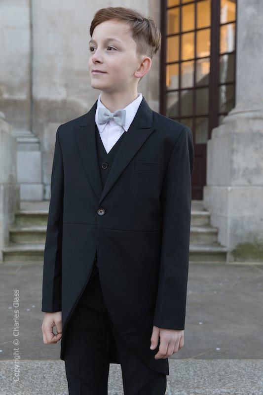 Boys Black Tail Coat Suit with Silver Bow Tie - Ralph
