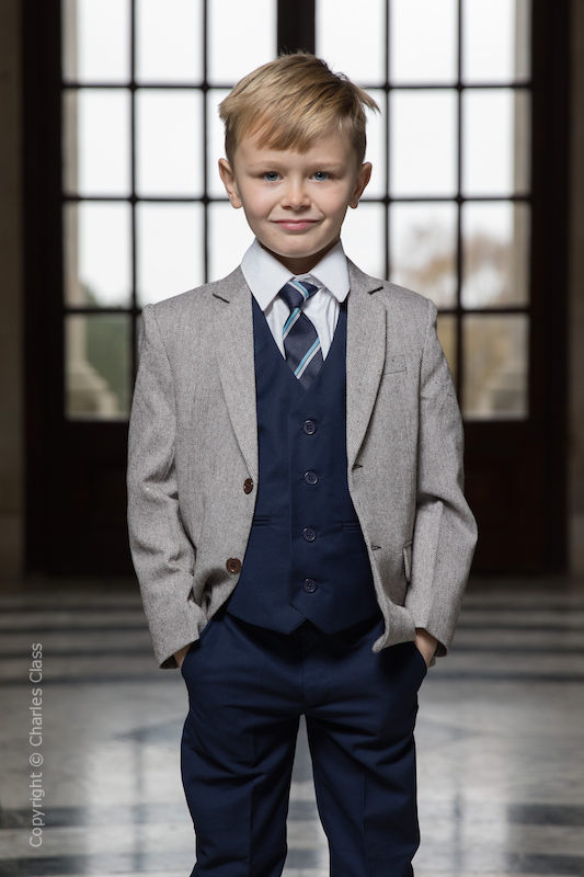 Boys Navy Trouser Suit with Brown Tweed Jacket - Hugh